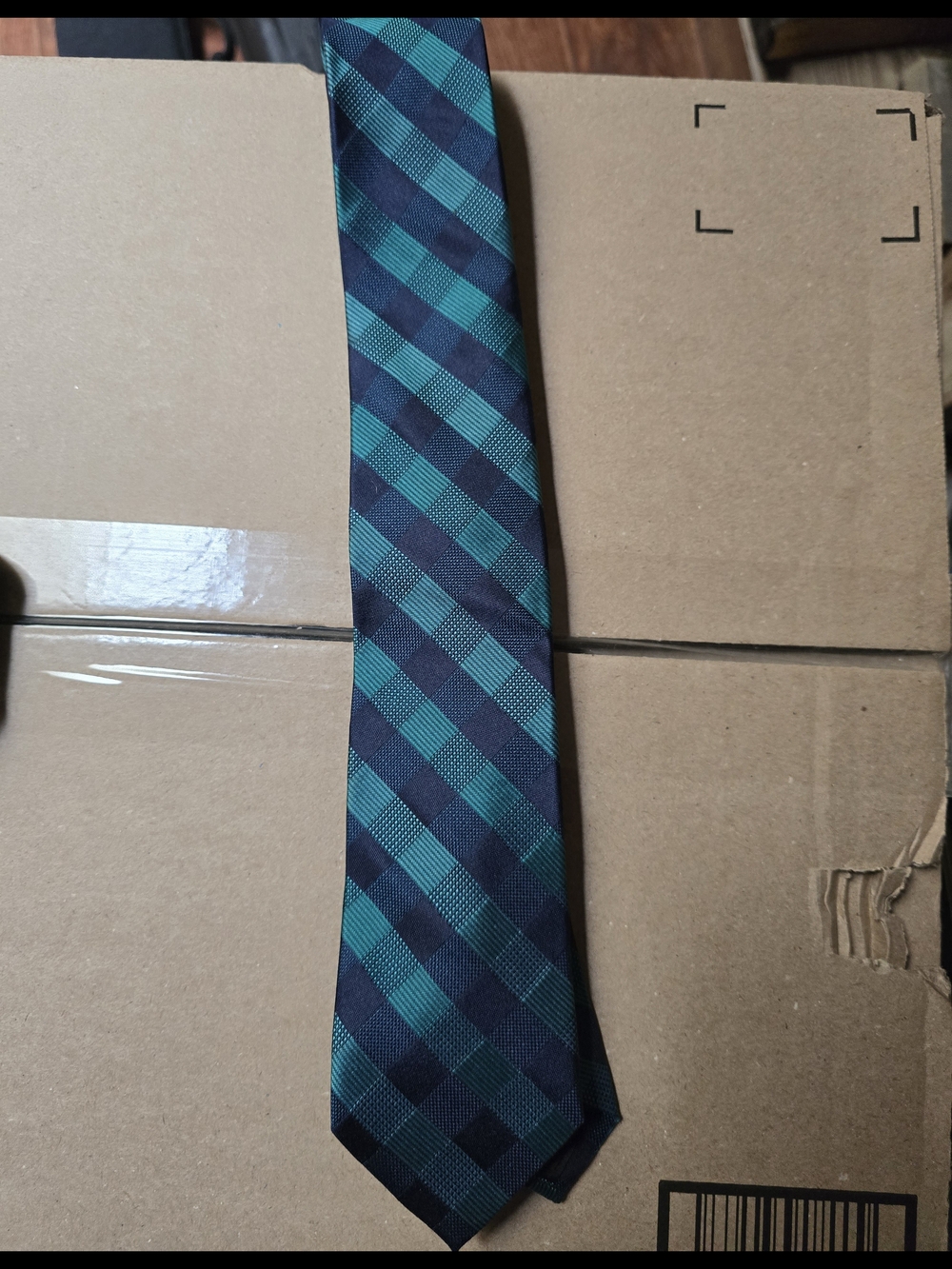 Express Teal and Navy Check Plaid Silk Tie